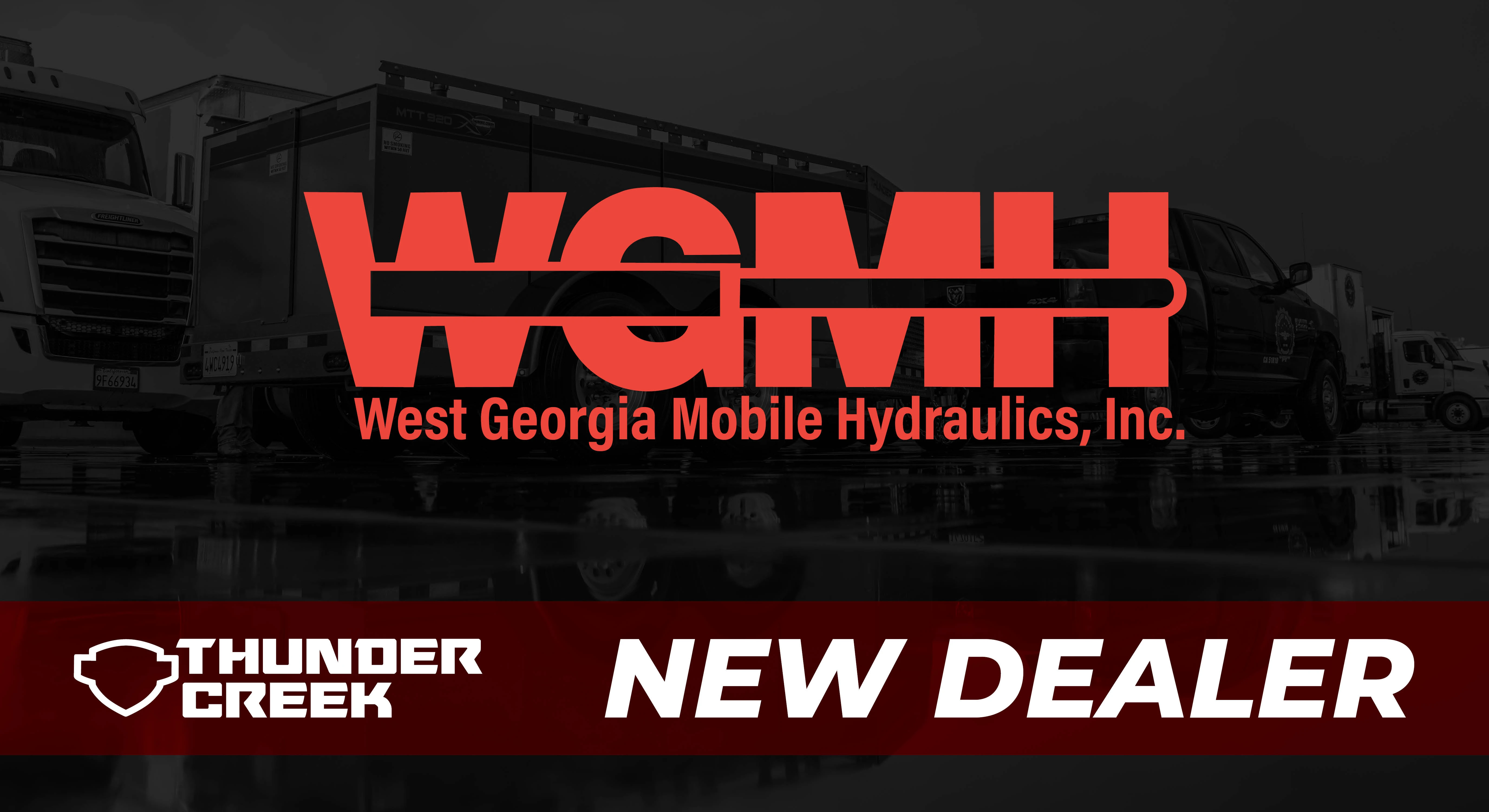 West Georgia Mobile Hydraulics logo over a faded Thunder Creek fuel trailer with "New Dealer" text
